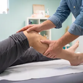 Les mains du praticien, en chemise en jean, sur la jambe d’une personne allongée sur la table de soin : l’une posée sur le genou, le pouce de l’autre appuyé sur un point juste en dessous.