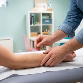 Deux mains, manches en jean retroussées, posent une aiguille fine sur un avant-bras, sur la table de soin.