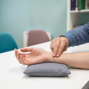 Deux doigts de M. Duponchel posés sur le poignet d’une personne, dont l’avant-bras repose sur un petit coussin gris, pour la prise des pouls.